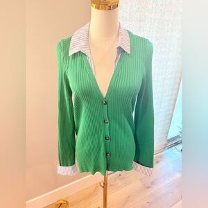 Maeve Anthropology Green Ribbed Cardigan with Blue Striped Details